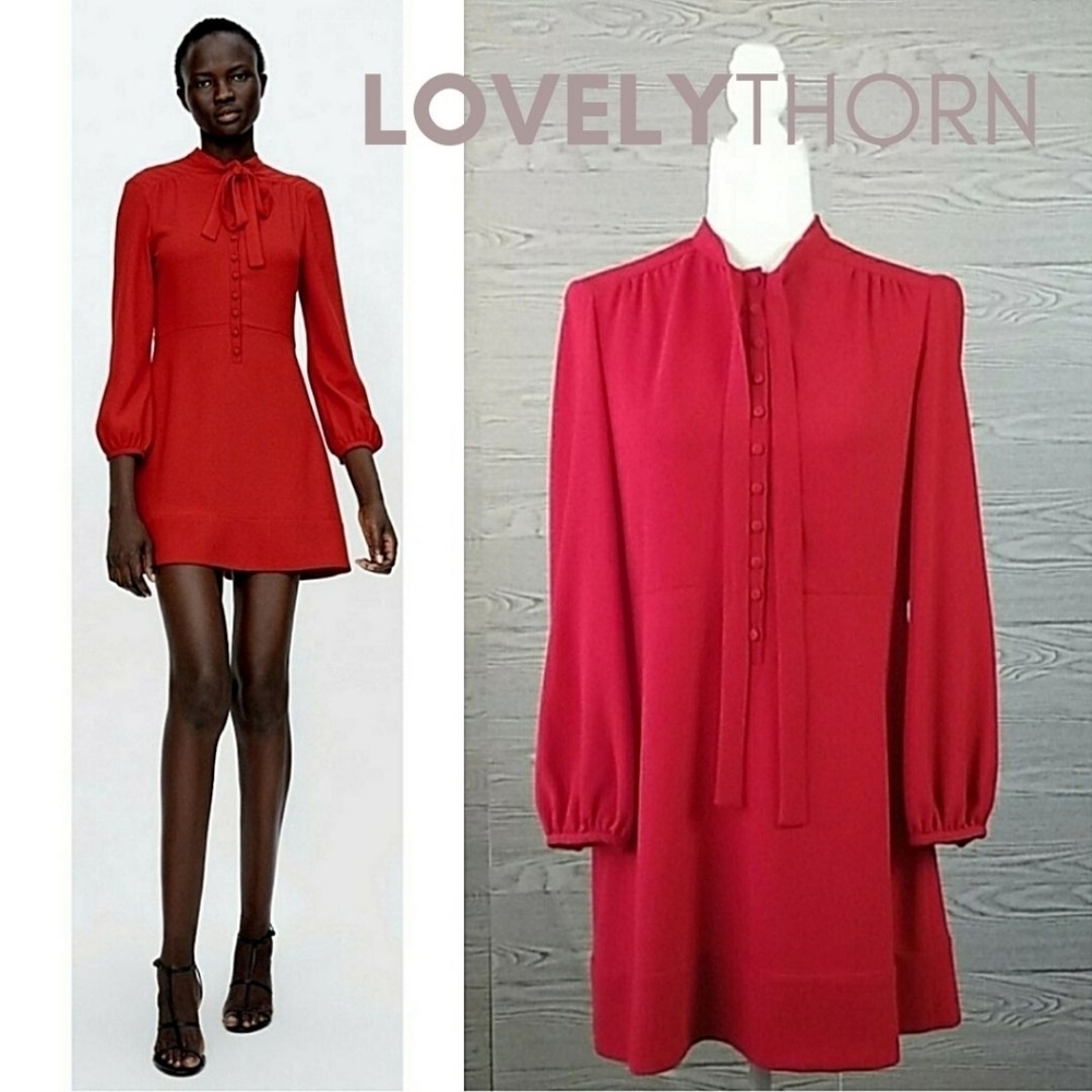 ZARA // red neck tie dome button retro-chic mini dress